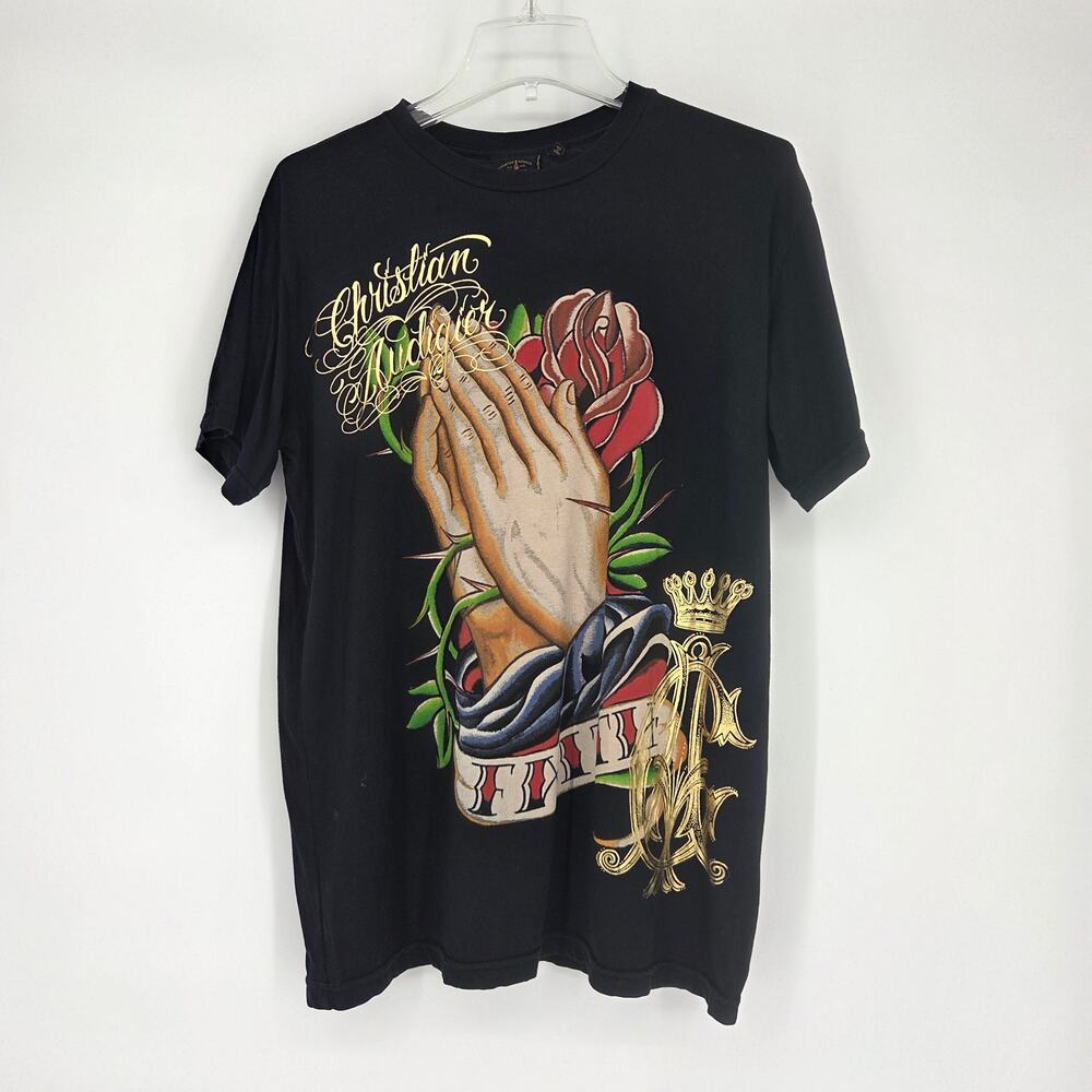Christian Audigier Praying Hands Faith Tattoo Style Tee Shirt Ed Hardy Large